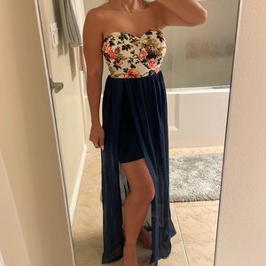 Floral top split thigh dress. Navy bottom. Small